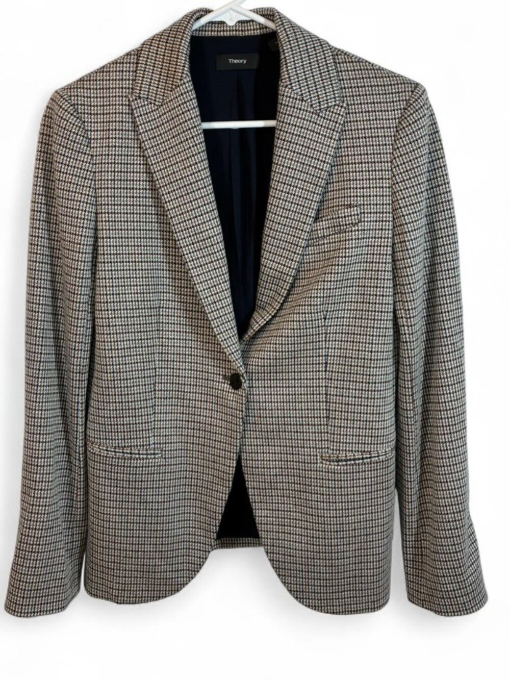 Theory Staple Blazer in Brown and Black Plaid Houndstooth Eco Knit, Size 2